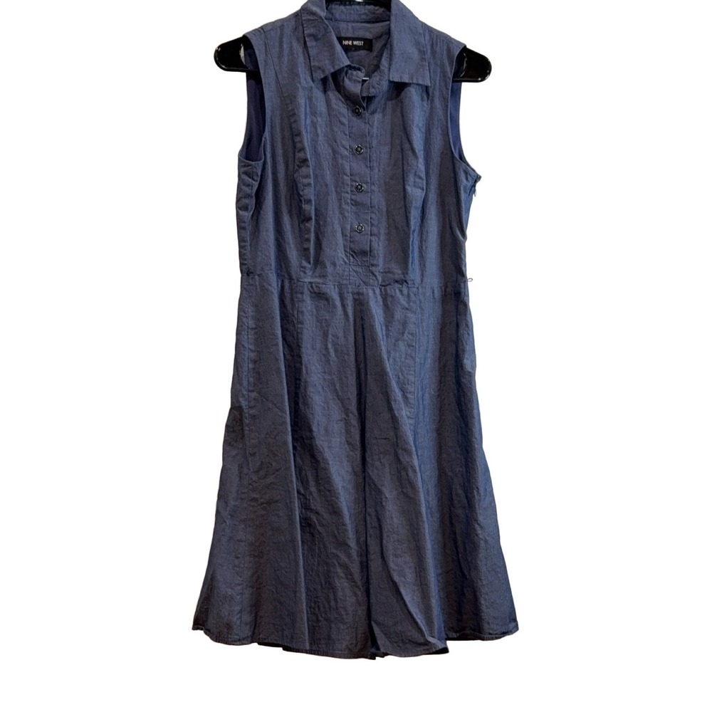 Nine West Sleeveless Collared Button Front Dress Women's Blue Size 8  no belt